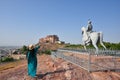 Statue of Rao Jodha and Majestic Mehrangarh Fort located in Jodhpur, Rajasthan, is one of the largest forts in India.