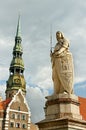 The statue of Roland and the Church of St. Peter in Riga, Latvia Royalty Free Stock Photo