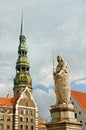 The statue of Roland and the Church of St. Peter in Riga, Latvia Royalty Free Stock Photo