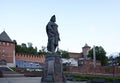 Statue of Russia emperor Peter I the Great in Volga embankment with Nizny Novgorod Kremlin in background.