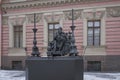 Statue of Russian emperor Paul I in the inner court of Inzhenerny castle, the center of St Petersburg. Cloudy day view.