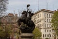 Statue of Saint George and the Dragon in the garden in front of the ancient church of Saint Sofia