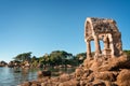 Statue of Saint Guirec on the beach of Ploumanach in Perros-Guirec, CÃÂ´tes d`Armor, Brittany France Royalty Free Stock Photo