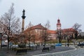 The statue of the Saint Laurel sv. Vavrince on the Charles town square Karlovo namesti near romantic baroque castle in