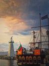 Statue of Saint Nicholas the patron of sailors, in the old town of Nessebar, Burgas, Bulgaria. Sunset scene at the coastline with