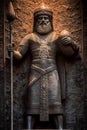 A statue of a Shamash the ancient Mesopotamian sun god, holding a staff. Generative AI image.