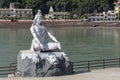 Statue of Shiva, Hindu idol near Ganges River water, Rishikesh, India. The first Hindu God Shiva. Sacred places for pilgrims Royalty Free Stock Photo
