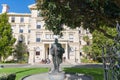 Statue of Sir Peter Fraser on plinth inside entrance to grounds Victoria University of Wellington`s Pipitea Campus: the Faculty o