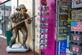 Statue of a soldier of WW2 in Sainte-MÃÂ¨re-Ãâ°glise in Normandy, landing memorial in France, souvenir shop