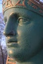 Statue of the Sphinx on Malaya Nevka. Face view in hoarfrost, close-up