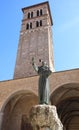 statue of St. Francis of Assisi on the bell tower of the cathedr Royalty Free Stock Photo