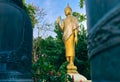 Statue of standing Buddha in monk clothes between two bells and trees. Royalty Free Stock Photo