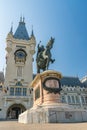 Statue of Stephen the Great in front of the Palace of Culture in Iasi, Romania. The Palace of Culture and Statue of Stephen the Royalty Free Stock Photo