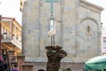 Statue of a stork on a nest with eggs in front of the the Forty Martyrs of Sebastian Monastery building facade in Tbilisi city in