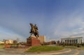 Statue of Tamerlane and Palace of Forums in center of Tashkent at winter time, Uzbekistan