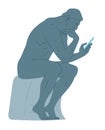 Statue of Thinker Sitting with a Smartphone in His Hand