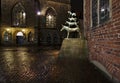 Statue of the Town Musicians of Bremen at night with the historic city hall and the Church of our Lady in the background