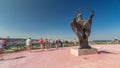 Statue of Virgin Mary timelapse hyperlapse in front of the Sanctuary of Christ the King. Lisbon. Portugal