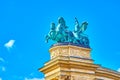 The statue of war on the top of colonnade of Millennium Monument on Heroes` Square of Budapest, Hungary