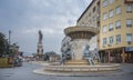 Statue of the warrior king Philip of Macedon and fountain in Skopje, Republic of North Macedonia