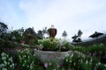 Statue white eagle head with brown fur surrounded by assorted flowers in the beautiful garden