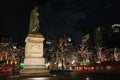 Statue of willem of orange at square named Plein at night in the city center of The Hague in the Netherlands with christmas lights