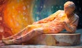 A Statue Of A Woman Lying On A Marble Platform, a colorful rainbow Hellenic marble sculpture