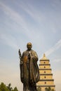 Statue of Xuanzang standing in front of Big WIld Goose Pagoda, Royalty Free Stock Photo