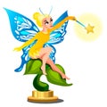 Statue of a young beautiful fairy girl with a magic wand isolated on white background. Vector cartoon close-up