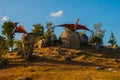 Statues of ancient dinosaur birds. Prehistoric animal models, sculptures in the valley Of the national Park in Baconao, Cuba.