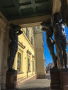 statues of 10 Atlantes adorn the portico of the main entrance to the Hermitage in the city of St. Petersburg in Russia