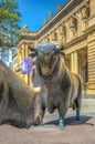 Statues of a bear and a bull in front of Stock Exchange building in Frankfurt, Germany