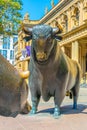 Statues of a bear and a bull in front of Stock Exchange building in Frankfurt, Germany