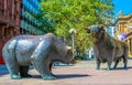 Statues of a bear and a bull in front of Stock Exchange building in Frankfurt, Germany