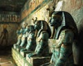 Statues bearing the likeness of Egyptian gods guard a tomb, an amulet of Isis placed reverently before them