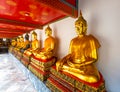 Statues of Buddha in Wat Pho temple, Bangkok Thailand. Golden statues are placed in row in ancient spiritual centre of Buddhism.