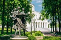 Statues depicting three graceful ballerina dancing in the park near the building of the National Academic Bolshoi Opera Royalty Free Stock Photo