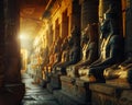 Statues of Egyptian deities line a forgotten temple, an amulet of Isis resting silently at the foot of a grand likeness