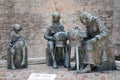 Statues of embroiderers with craft wires in the city of Offida i