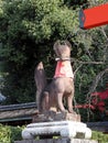 Statues of foxes at the main gates of the shrine at the bottom of the mountain at Fushimi Inari Taisha Shinto Shrine.