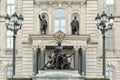 Statues of the indigenous people of Quebec and generals Montcalm and Wolfe in front of the 1886 Parliament building