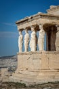 The statues of the ionic Erechtheion temple on the Acropolis in Athens Royalty Free Stock Photo