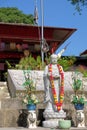 Statues of Ksitigarbha Bodhisattva and Sakyamuni Buddha at entrance of Buddhist temple, Wei Tuo Fa Gong, Pulau Ubin, Singapore