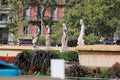 Statues in Line in Front of the Fountain in Catalonia Square, Barcelona, Spain