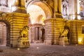 Statues of lions at royal palace of Buda at night, Budapest, Hungary