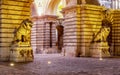 Statues of lions at royal palace of Buda at night, Budapest, Hungary