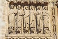 Statues of six apostles on the facade of Notre Dame cathedral Royalty Free Stock Photo