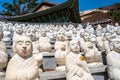 Some of the 500 BuddhaÃ¢â¬â¢s Disciples statues by a temple hall in Bomunsa Temple on the island of Seongmodo, Ganghwa, Korea