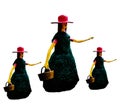 Statues of three girls wearing caps and carrying baskets