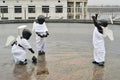 Poshtova Square, Kyiv, Ukraine 19 December 2020: statues of three little black children in angel costumes